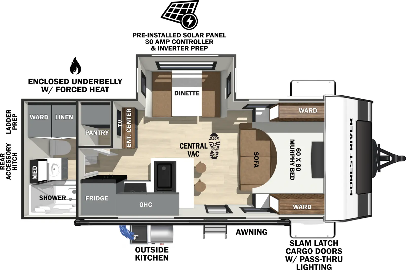 The Ibex 20MDS floorplan has one entry and one slide out. Exterior features include: fiberglass exterior and outside kitchen. Interiors features include: murphy bed and rear bathroom.